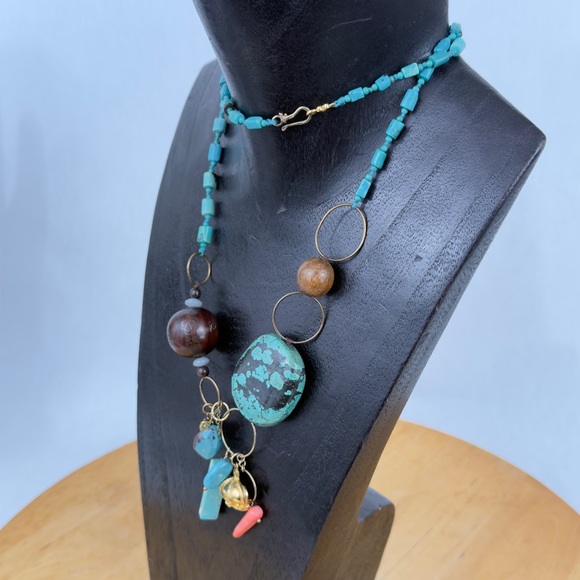 CHAN LUU Multi-beaded Turquoise Long Necklace w Crown Charm & Sterling 925 Clasp - Picture 5 of 16
